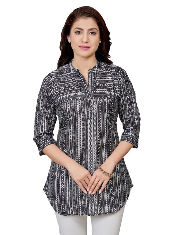 Women's Cotton Blend Mandarin Collar 3/4 Sleeves Short Top (Black, L)-PID56222