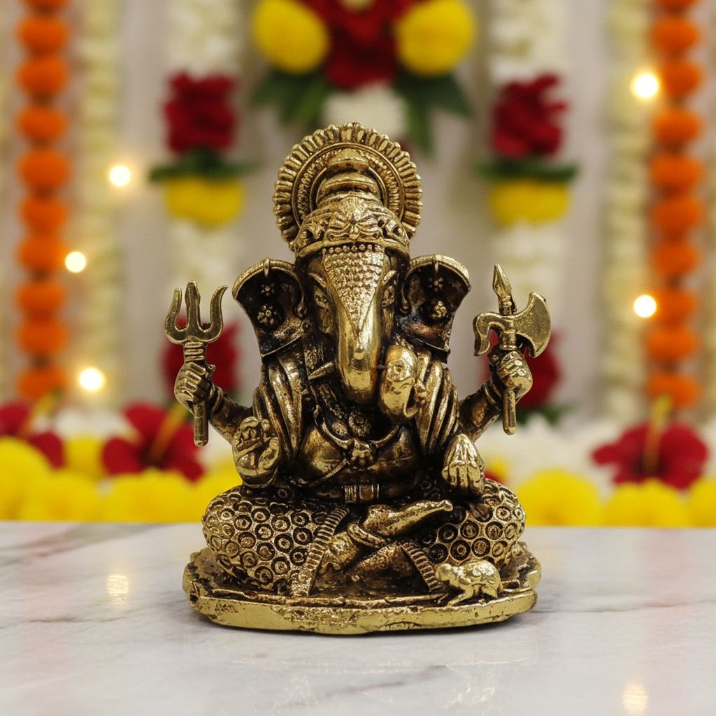 Brass Ganpati Idol Showpiece | Religious Home Decor, Height : 2.5 Inch (BSMAS1851 O)