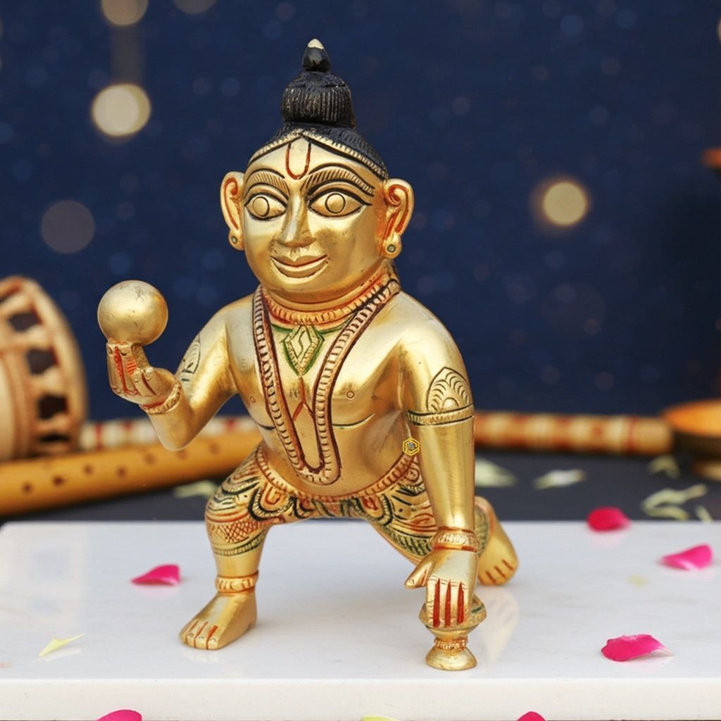 Brass Laddu Gopal Murti Idol - Bal Krishna Home Temple Statue, Height : 6.2 Inch (BSMAS1253 C)