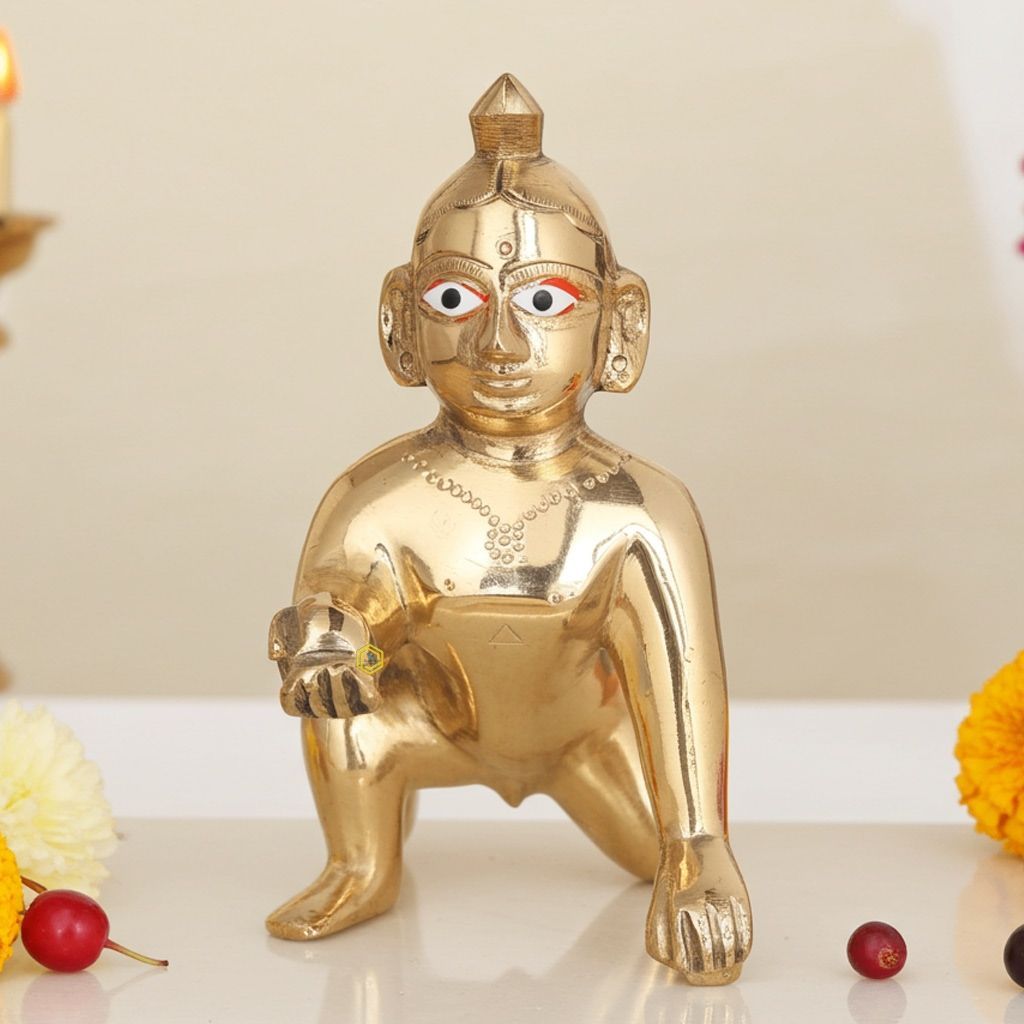 Brass Laddu Gopal God Idol Statue - Divine Bal Krishna Murti, Height : 5.5 Inch (BSMAS871 C)