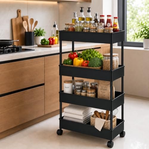 4 Layer Multipurpose Storage Rack with Wheels, Slim Rolling Organizer Trolley for Kitchen, Bathroom, Bedroom,