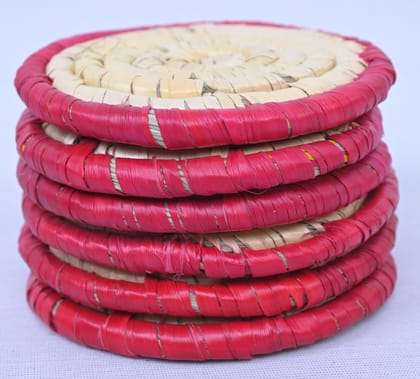 Handwoven Bamboo Tea Coaster Set of 6 – Spiral Pattern Mats with Bold Red Edge Finish Handwoven Bamboo Tea Coaster Set of 6 – Spiral Pattern Mats with Bold Red Edge Finish