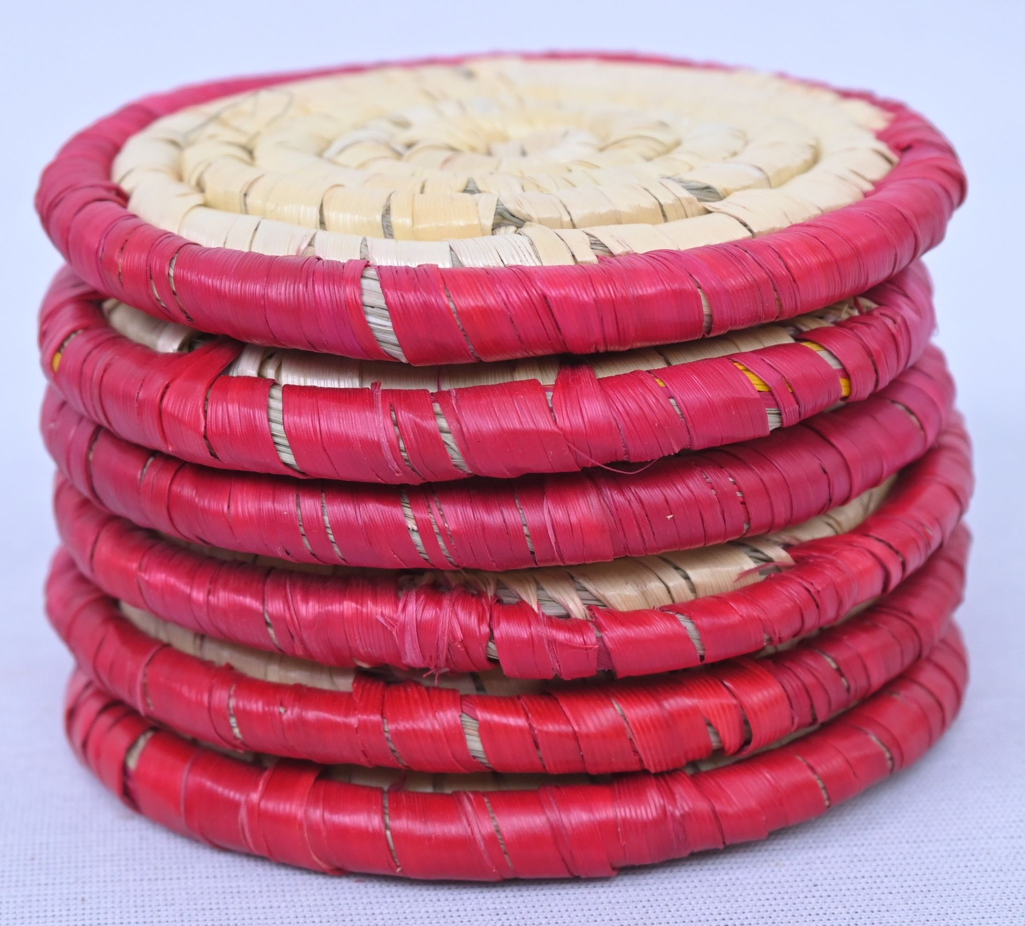 Handwoven Bamboo Tea Coaster Set of 6 – Spiral Pattern Mats with Bold Red Edge Finish