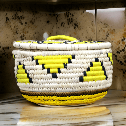 Handcrafted Sabai Grass Handmade Multi-Use Chapati & Roti Hot Box / Bread Basket / Storage Box / Casserole Dish for Kitchen (24x9x7 inch) - Lemon Yellow , Black & Off White