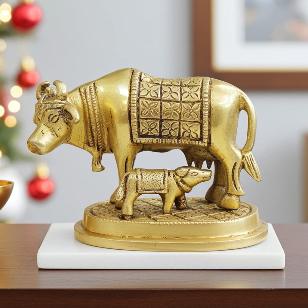 Brass Cow & Calf Statue for Vastu, Wealth & Positivity, Height : 3 Inch (BSMAS889 W)