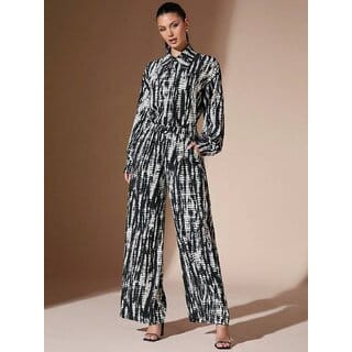 Black  White Abstract Print Co-Ord Set with Collared Shirt