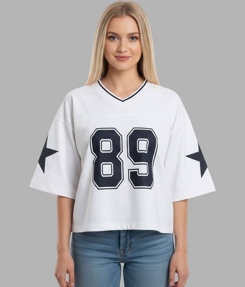 Monisha Plus Women Cotton Printed Regular Fit V-Neck T-Shirt ( White )