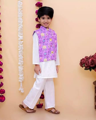 Kabir Kids Fashion Boys White Kurta Pajama with Purple Printed Jacket Festive Ethnic Wear