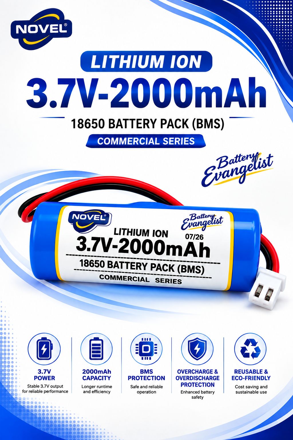 NOVEL 3.7V BMS 18650 LITHIUM ION SINGLE BATTERY WITH JST 2PIN- 2000mAh