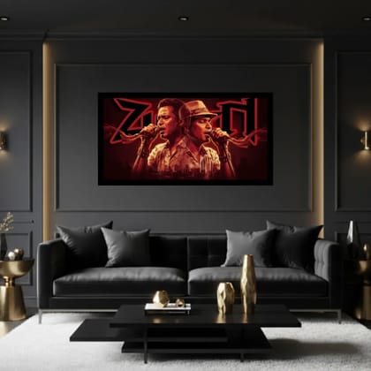 Luminary Urban Anthem – Zubeen Garg Duo Museum-Quality Cotton Canvas Art for Luxury Living Décor | Frame Size (127 X 69 Cm) | Frame Type (Black) | 5-Year Warranty