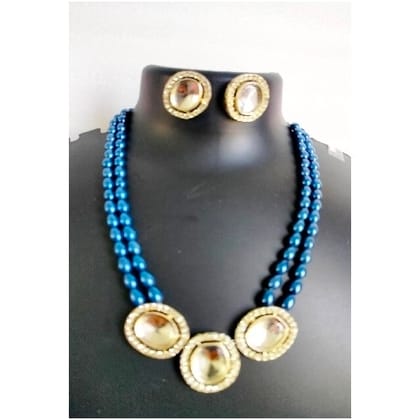 Premium Kundan Necklace Set for Women Blue Silver Festive