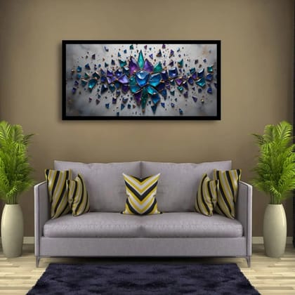 Luminary Gemstone Burst – Fractured Lotus Abstract Museum-Quality Cotton Canvas Art for Living Room Décor | Frame Size (127 X 69 Cm) | Frame Type (Black) | 5-Year Warranty