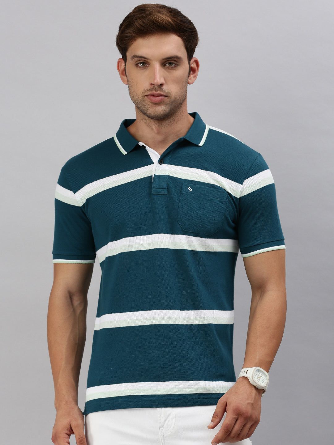 Classic Polo Men's Half Sleeve Teal/White Polo Neck Slim Fit Striped T-Shirt | ADORE - 225 B SF P