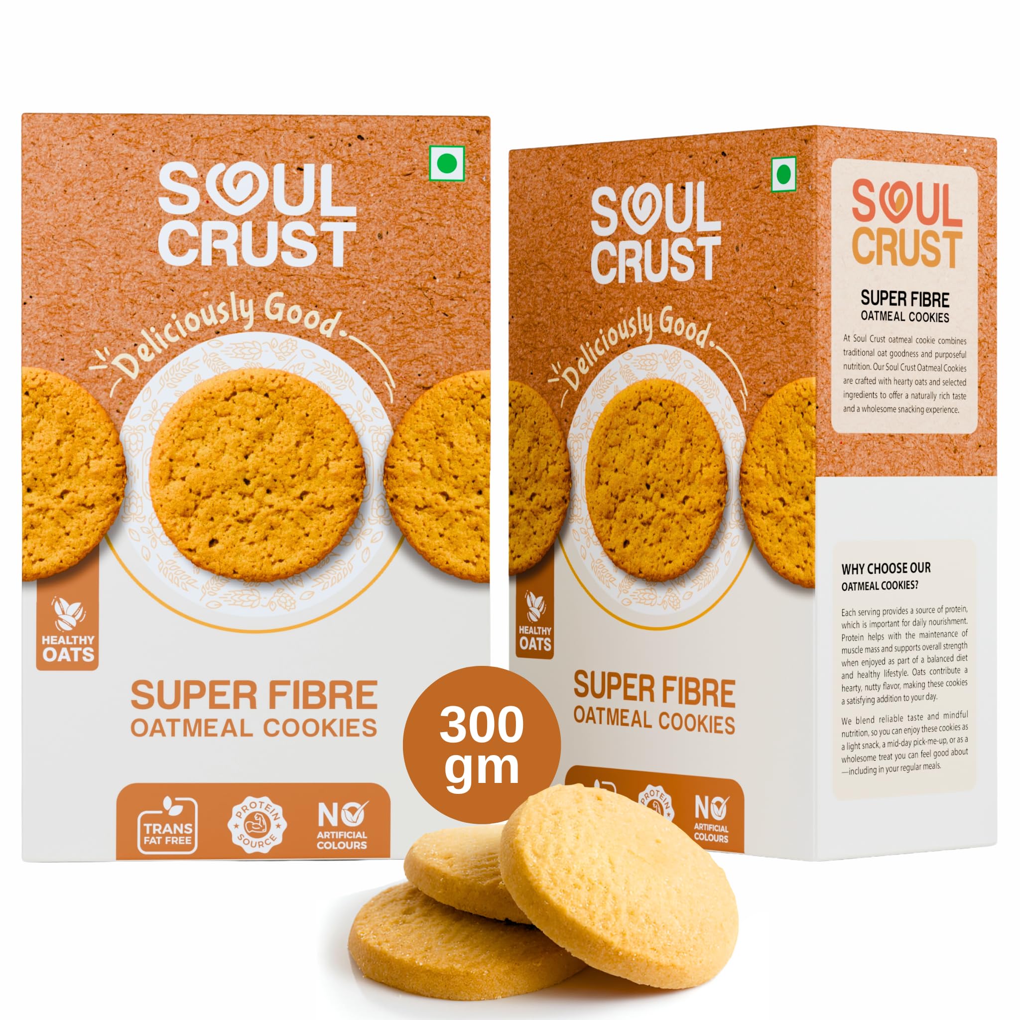 Soul Crust Super Fibre Oatmeal Cookies | High in Protein | Healthy Cookies with Wholesome Oats | Trans-Fat Free Snack | No Artificial Colours | 300g Pack (150g x 2)