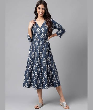 Janasya Women Cotton Printed A-line Dress ( Navy Blue )