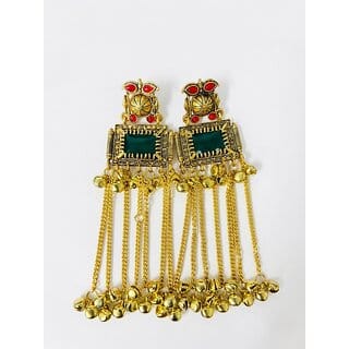 Traditional Kashmiri Jhumka Earrings for Women Gold-Toned Finish with Green Red Stones Tassel Chain with Ghungroo