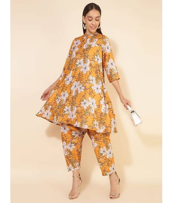 Janasya Women Printed A-line Kurti With Pants ( Mustard )