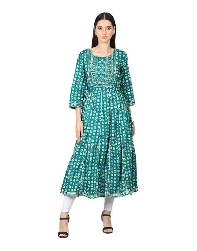 Women's Casual 3/4 Sleeve Cotton Blend Printed Kurti (Light Blue, M)-PID46399