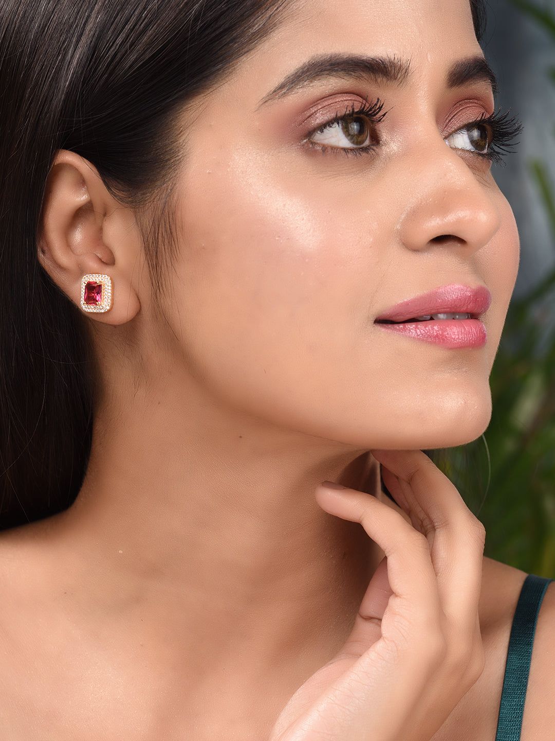 Women GoldPlated Red Square Studs Earrings