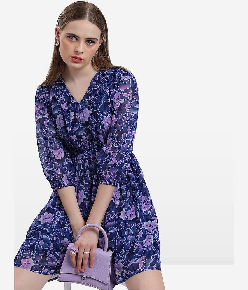 Ketch Women Polyester Printed Fit & Flare Dress ( Blue )