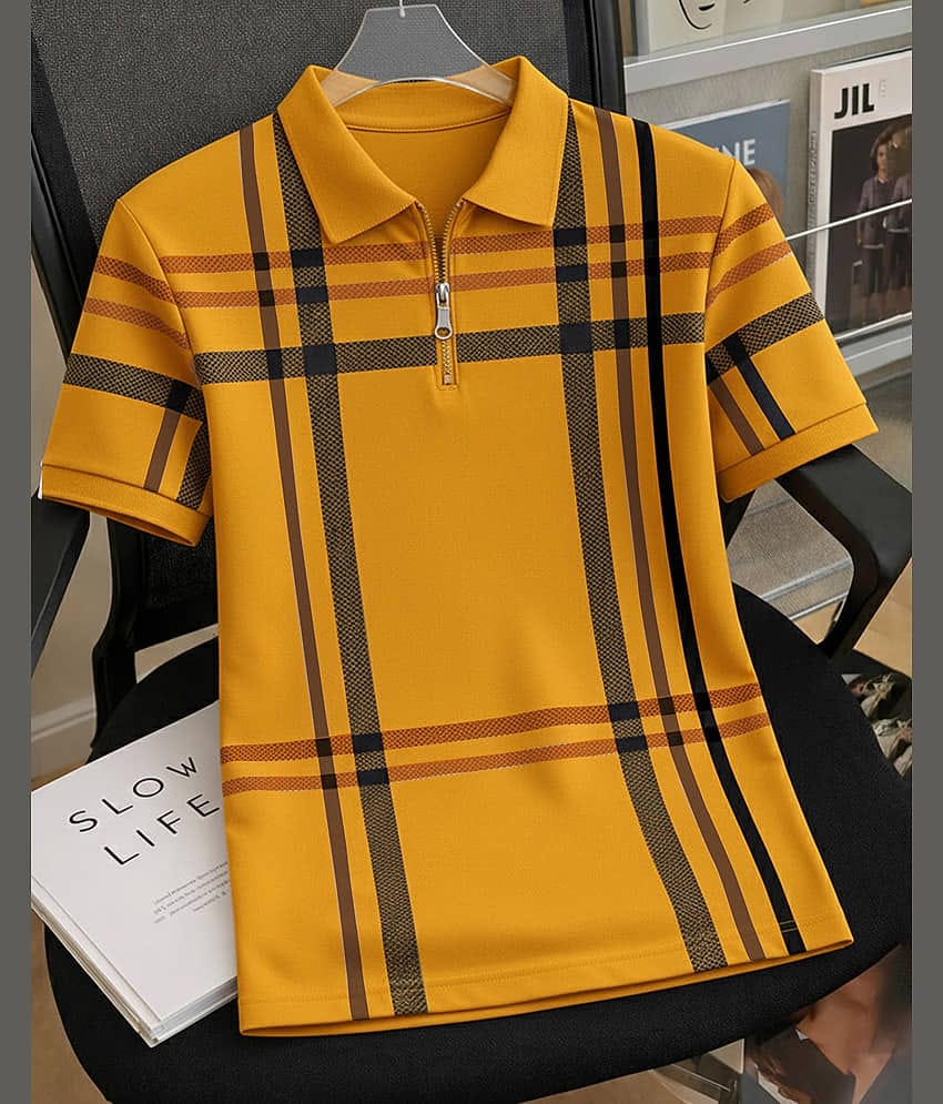 AOOSH Men Cotton Blend Regular Fit Checks Polo T Shirt ( Mustard )