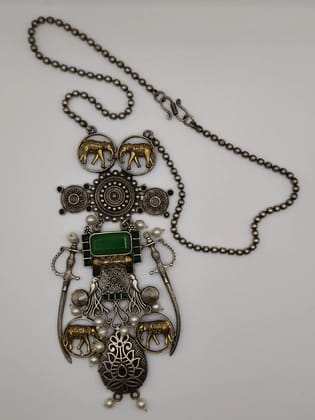Tribal Oxidized Dual-Tone Elephant and Sword Long Pendant Tribal Oxidized Dual-Tone Elephant and Sword Long Pendant