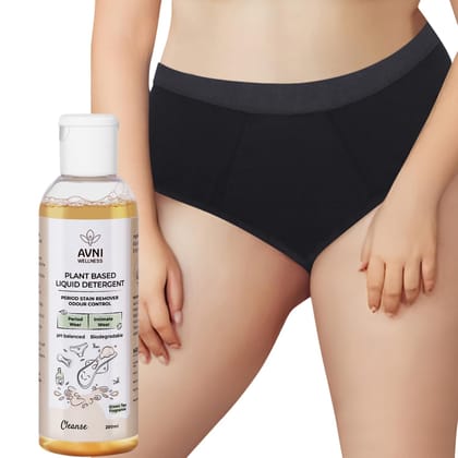 Avni - Washable Period Panty | 1 Panty Size L+ 200ml Liquid Detergent | Breathable Bamboo Fabric | Medium to Heavy Flow | Protection up to 10 hrs | High Waist for Women | Reusable for 2 yrs Black