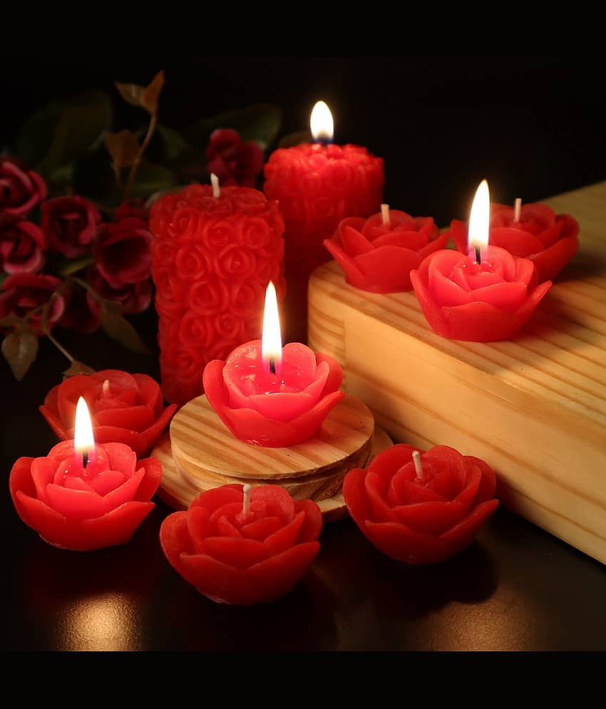 Shraddha Creation Red Floral Pillar Candle 7 cm ( Pack of 10 )