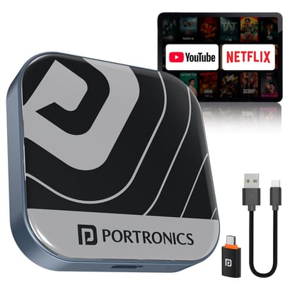 Portronics Tune Plus CarPlay/Android Auto Adapter with Inbuilt YouTube & Netflix, Converts Wired to Wireless, USB A & Type-C Compatible, 3 GB RAM + 32 GB ROM