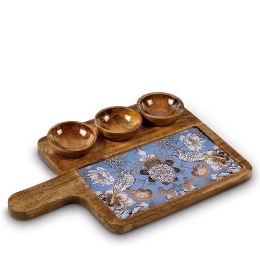 Wooden Serving Platter Mango Wood Platter Tray Printed Serving Platter with Handle Appetizer Plate Snacks Serving Platter with 3 Bowls, 16 X 10 inches