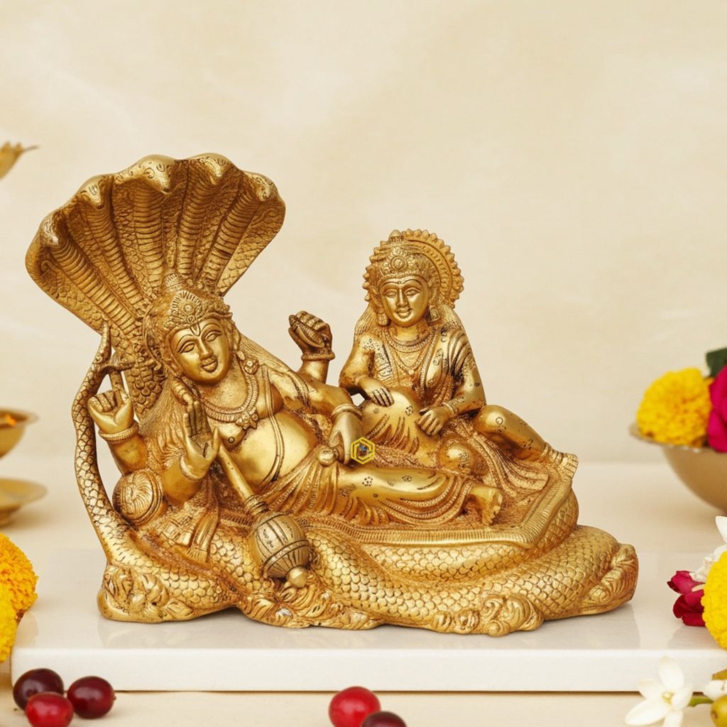 Brass Vishnu Laxmi Ji Statue - Handcrafted Hindu God Idol, Height : 10 Inch (BSMAS842 E)