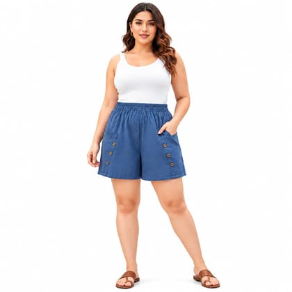 DENIM CHIC Women’s Blue Casual Shorts with Elastic Waistband and Button Detail Pockets | Relaxed Fit Summer Shorts for Everyday Wear, Beach & Lounge