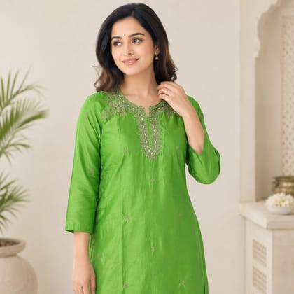 Lime Green Silk Kurta with Zari Neck Embroidery