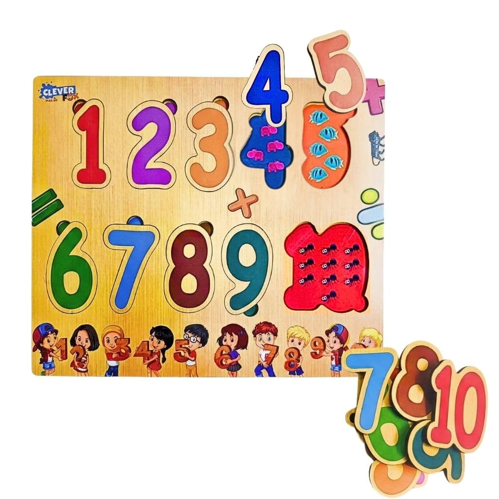 Clever Fox Funlab Wooden Number Puzzle (1-10) - Montessori Math Learning Toy with Interactive Phonics Sound Guide - Educational Wood Number Board for Toddlers Age 2-4 - Preschool Learning Activity