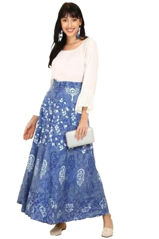 Women's Cotton Printed Wrap Around Maxi Skirt (Blue, Free Size)-PID45904