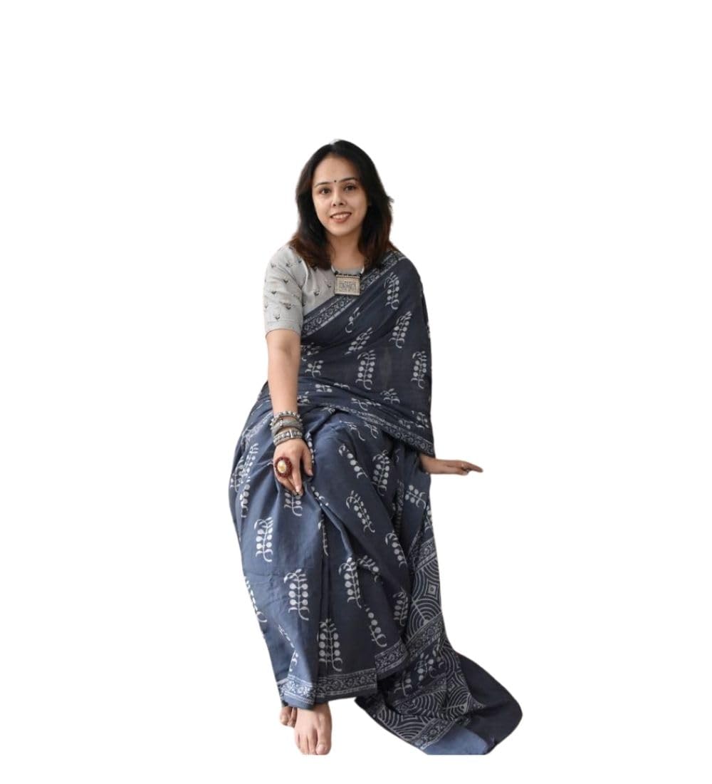 DARSHANS Women's Linen Printed Saree With Unstitched Blouse 5.5Mtr (Grey)-PID65170