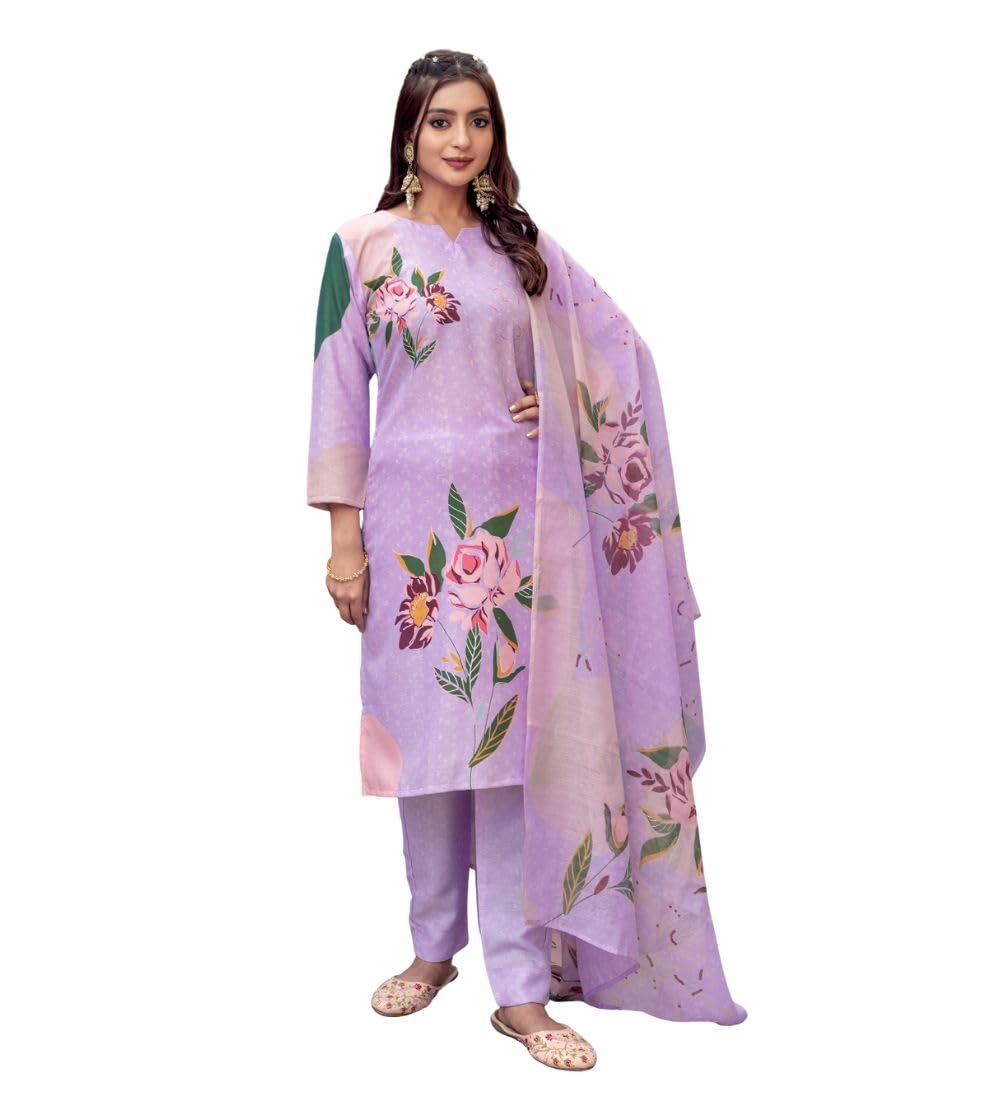 Women's Cotton Blend Printed Kurti with Pant Dupatta Set (Lavender, XL)-PID63051