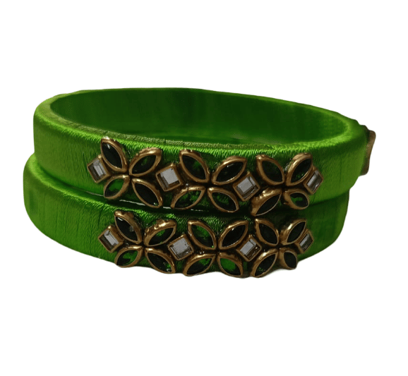Green Silk Thread Bangles with Floral Embellishments