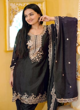 Designer Embroidered Chinon Dhoti Suit With Sequence Embroidered Work Designer Embroidered Chinon Dhoti Suit With Sequence Embroidered Work