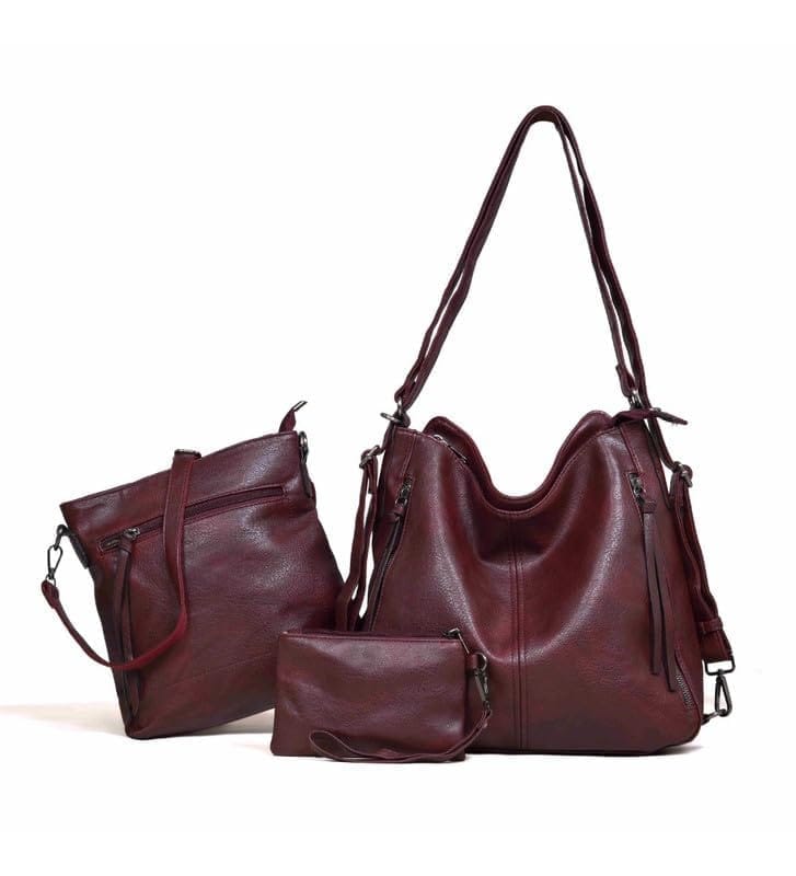 Women's PU Leather Medium Shoulder Zipper Handbag (Wine red)-PID57456