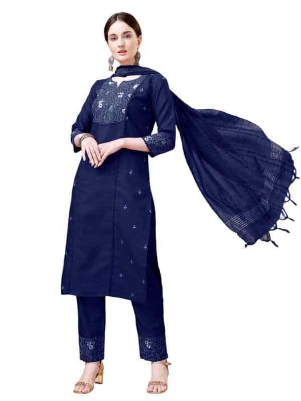 Women's Casual 3-4 th Sleeve Embroidery Cotton Kurti Pant Dupatta Set (Dark Blue, S)-PID50252