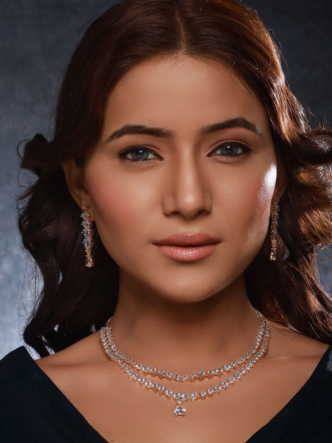 Gold Plated Zircon Studded Double Lined Pear Shaped Solitaire Bridal Necklace jewellery Set