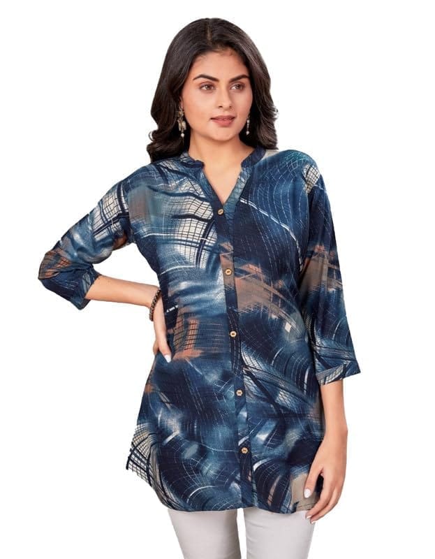 Women's Rayon Mandarin Collar 3/4 Sleeves Short Top (Blue, M)-PID56256
