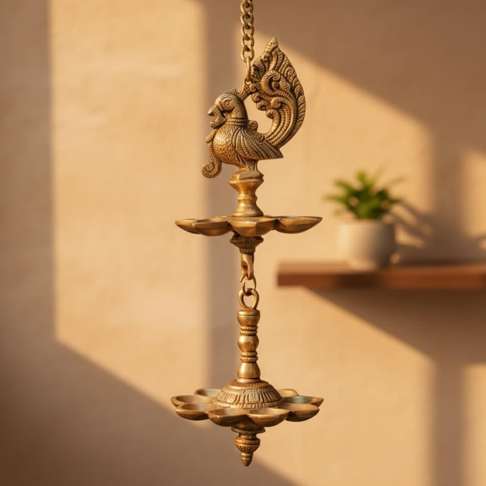 Sukh Sehaj Mayur Diya (Hanging)/Peacock Diya Hanging, Deepak, Brass, Handcrafted, Antique Finish, Oil Lamp Home Temple, Decor, Pooja Ritual and Gifting (Height: 12.0-Inch, Width: 4.8-Inch)