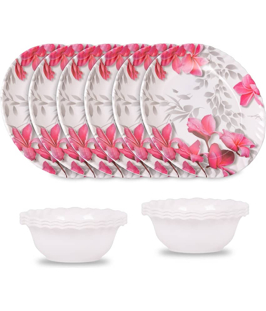 HomePro Royal Flower Print Plate, Bowl Pink Melamine Dinner Set ( Pack of 12 )