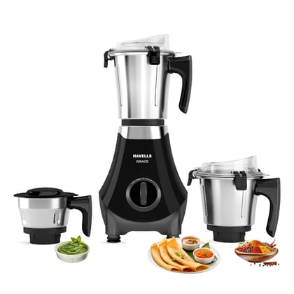 Havells Grace BLDC+ Mixer Grinder 800W|3 Jars|50% less perceptible Noise|45% Higher Grinding Power|Wider Mouth Jars with Clip Locking|Leak Resistant Jars|Lifetime Manufacturer Warranty on Motor(Black)
