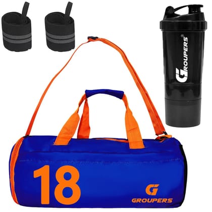 GROUPERS Combo Set of Duffle Polyester Bag with Shaker Bottle-500ml & Wrist Band (Blue 18) GROUPERS Combo Set of Duffle Polyester Bag with Shaker Bottle-500ml & Wrist Band (Blue 18)