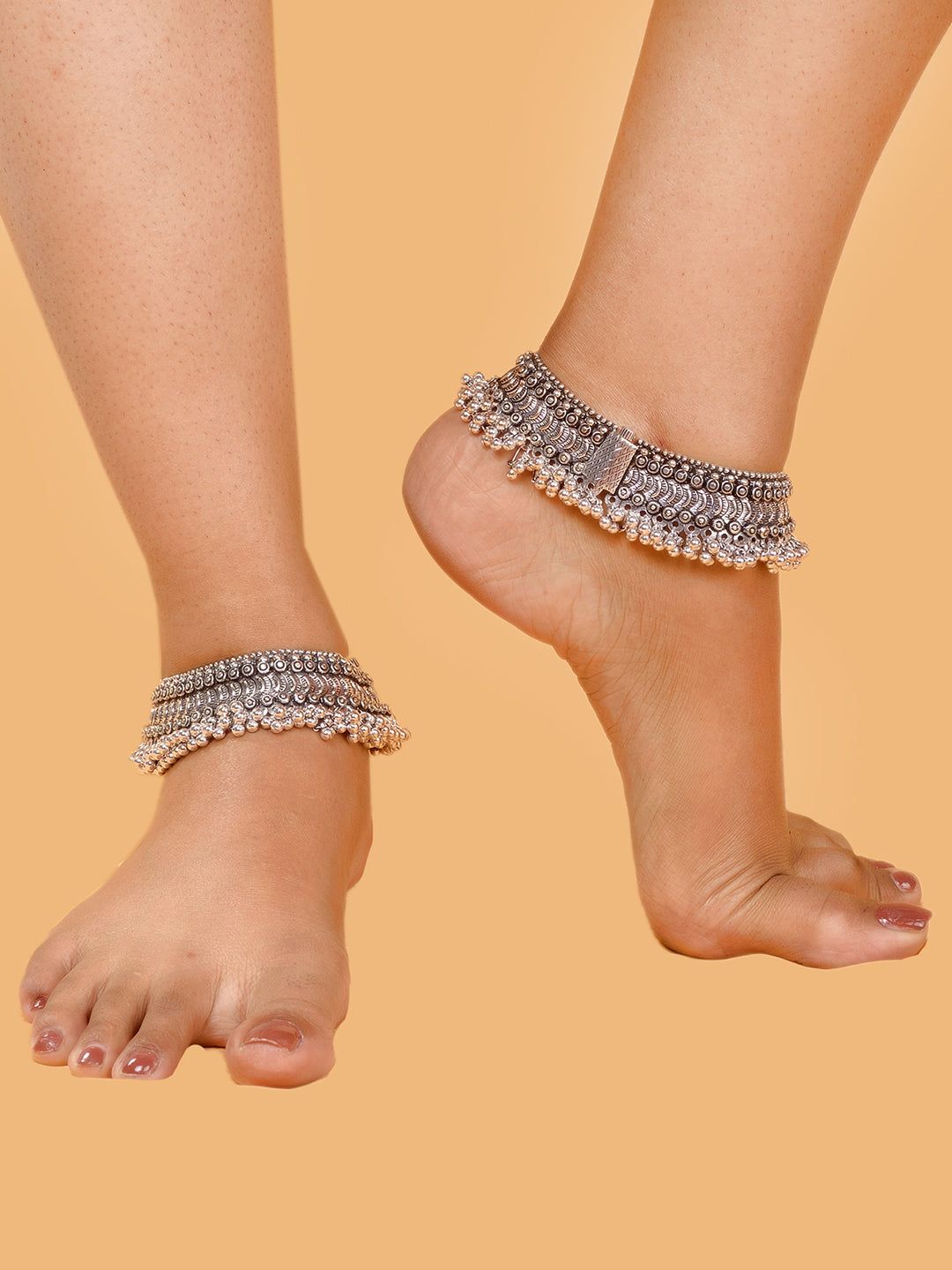 Set Of 2 Oxidised Silver Plated Payal Anklet