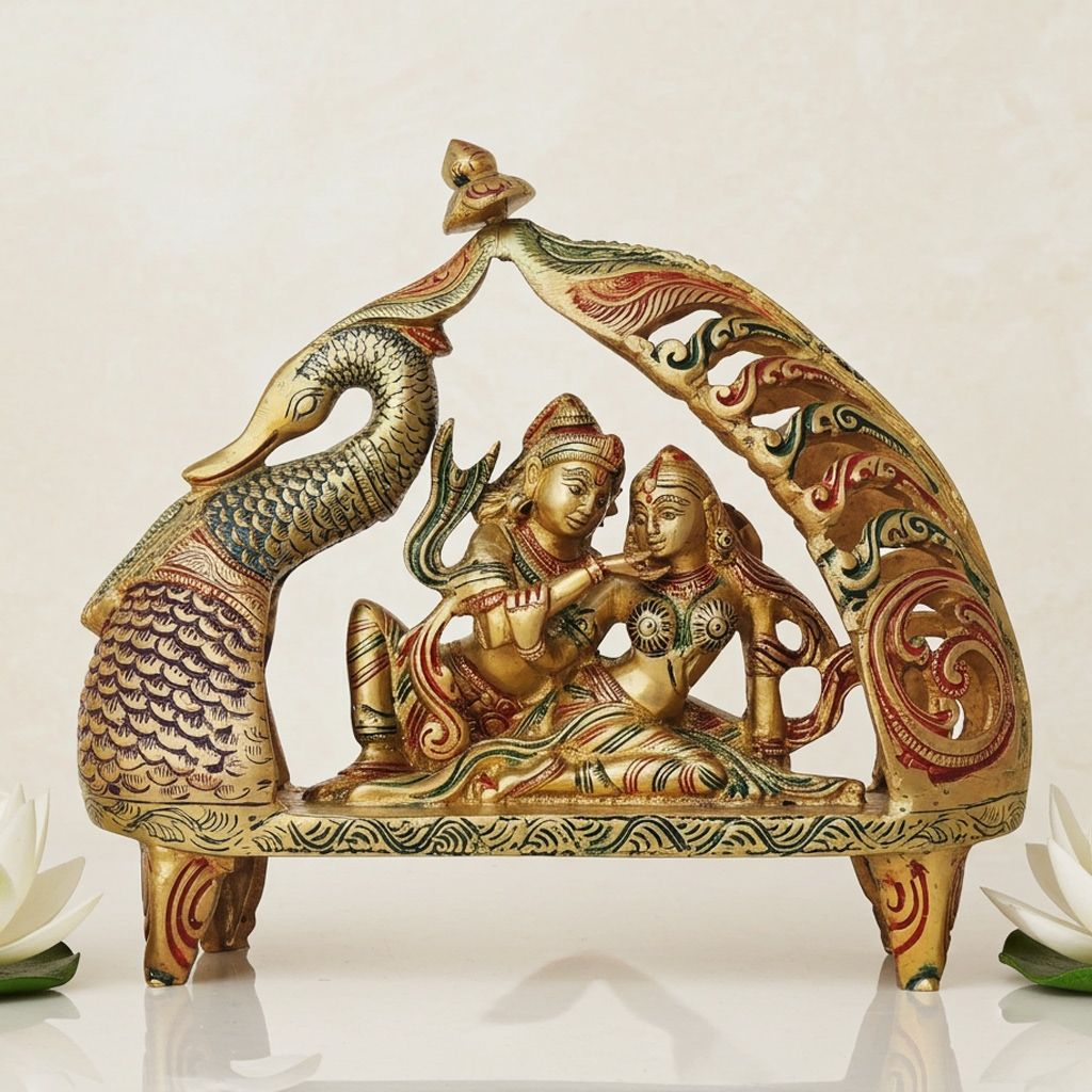 Brass Radha Krishna On Peacock Singhasan - Royal God Idol, Height : 9 Inch (BSMAS1381 C)