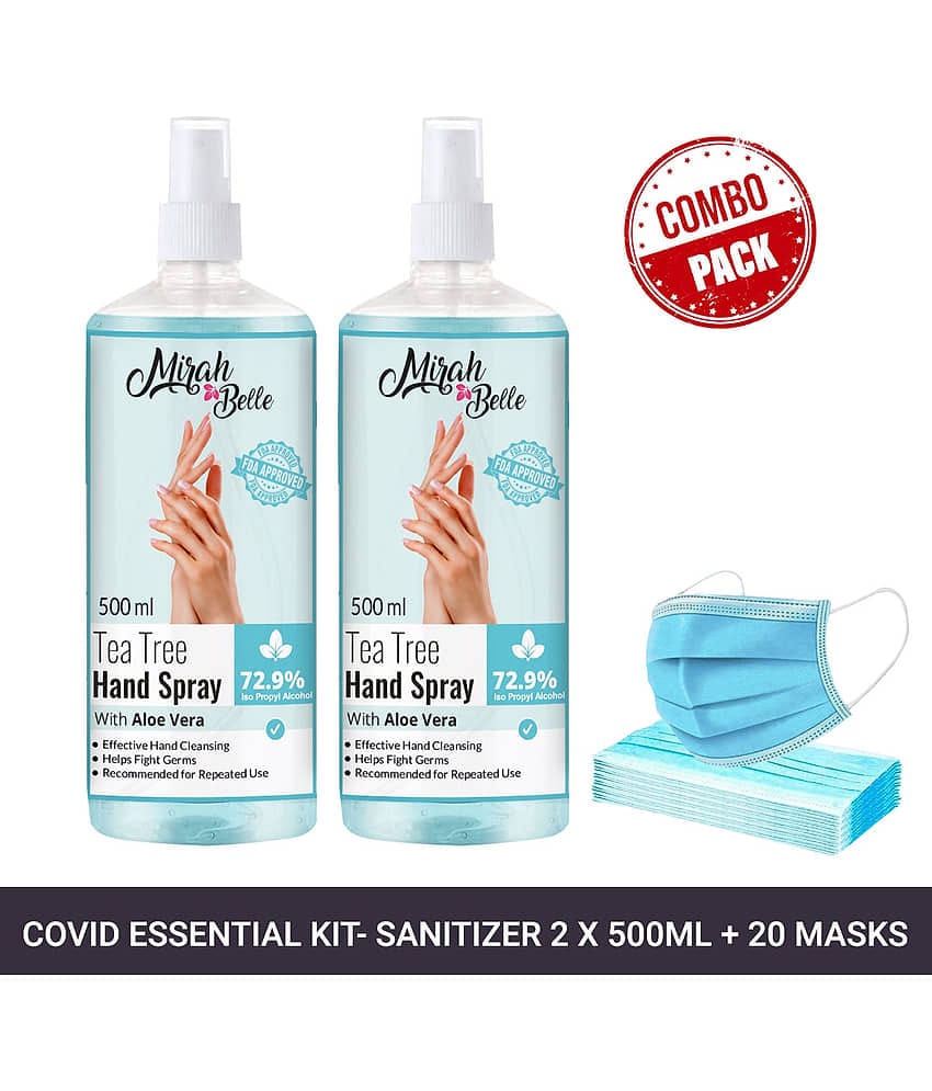 Mirah Belle Tea-Tree Aloe Vera Hand Rub Spray 500ml(Packof2)& 20 Masks Sanitizers 1000 mL Pack of 2